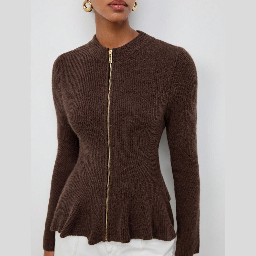 Brown Ribbed Knit Zip Front Peplum Cardigan Sweater